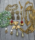 Lot Of Vintage Gold Tone Jewelry Necklace Bracelet Brooches Estate Lot