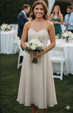 NWT Dessy Collection Strapless Dress 14 Tea Length Nude Palomino Prom Wedding