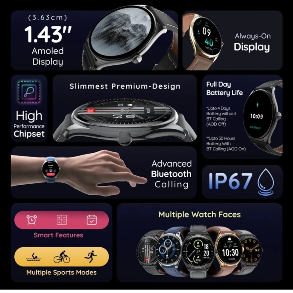 Pebble Royale Legend Slimmest Design 1.43"Display BT Calling Premium Smartwatch - Image 4 of 4