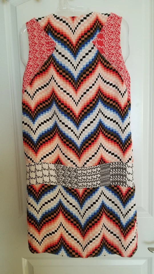 KENZO 女式 34 2 XS 码拼布 Bargello 无袖换装连衣裙内衬红色蓝色 — 第 3/4 张图片