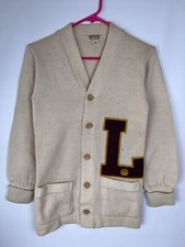 Vtg 1940s Letterman Sweater Cardigan "L" Sand Knit Wool Basketball Original