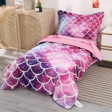Mermaid Toddler Comforter Sets-Pink, 4 Piece Toddler Bedding for Girls