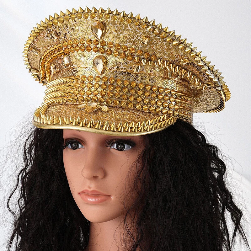 Chapéu capitão feminino boné militar brilhante boné de strass festival música festa chapéu - Imagem 3 de 4