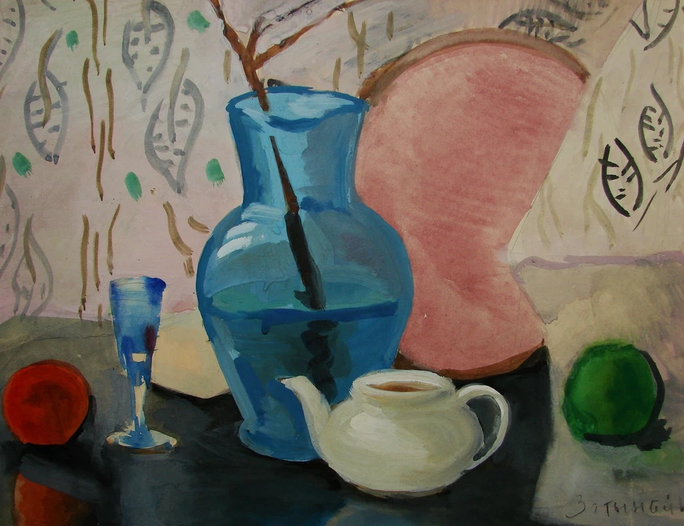 Tetera ucraniana soviética pintura gouache bodegón postimpresionismo  Foto 2 de 4