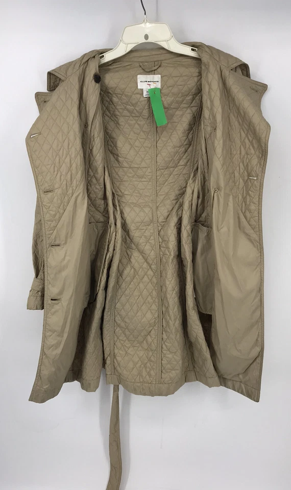Gabardina Club Monaco para mujer talla XS beige bolsillos con cinturón acolchada 100 % nailon usada en excelente estado Foto 3 de 4
