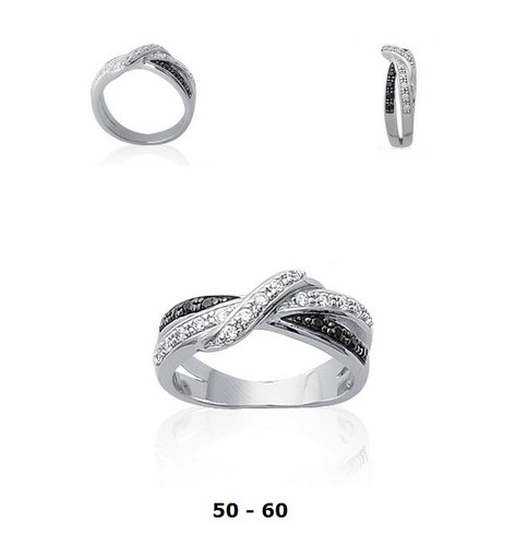 Bague Argent 925 Pavé Diamants Cz Noir Et Blanc - Taille 54, Plaqué Or 18K, Dolly-Bijoux