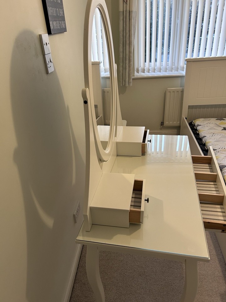 IKEA Hemnes dressing table with glass top, mirror and stool, white eBay