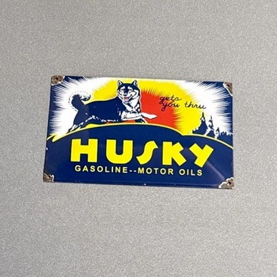 #ad VINTAGE 12” DOMED HUSKY DOG PORCELAIN SIGN CAR OIL GAS TRUCK MOTORCYCLE $129.99