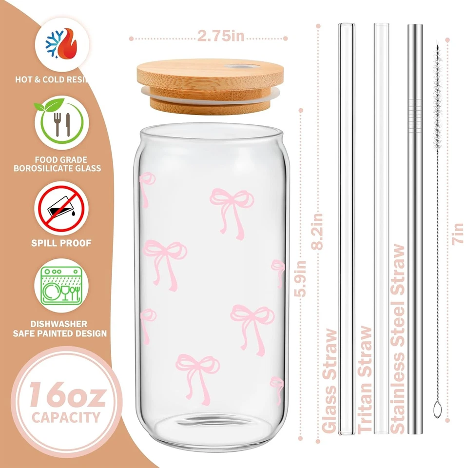 Lindas tazas de vidrio con lazo rosa Coquette con tapas y pajitas, medianas,  Foto 2 de 4