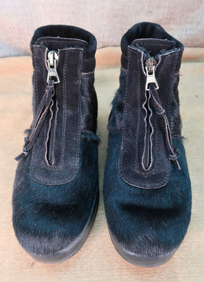Tecnica Black Goat Fur Boots Size 8 Womens Italy Front Zip
