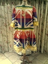 Panto Dame  Multi coloured  material, 50" chest,  Yellow ribbon