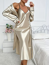 New Gorgeous Elegant Champagne Satin Nightgown Robe Peignoir Set XL NEW