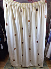 Cream & Brown Geometric Curtains Piped Square Design Tape Top 66" x 70" Pair
