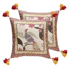 Designer Throw Pillow Cover 18"x18",Vintage Bird and Floral Pattern Linen Pil...