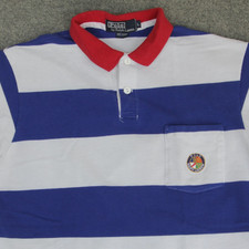 VTG Polo Ralph Lauren Rugby Polo Shirt Men L Blue White Striped COOKIE PATCH USA