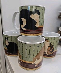 VTG Warren Kimble Fat Cat Coffee Mugs Sakura Cat Collection 2000 Set of 4 VGUC