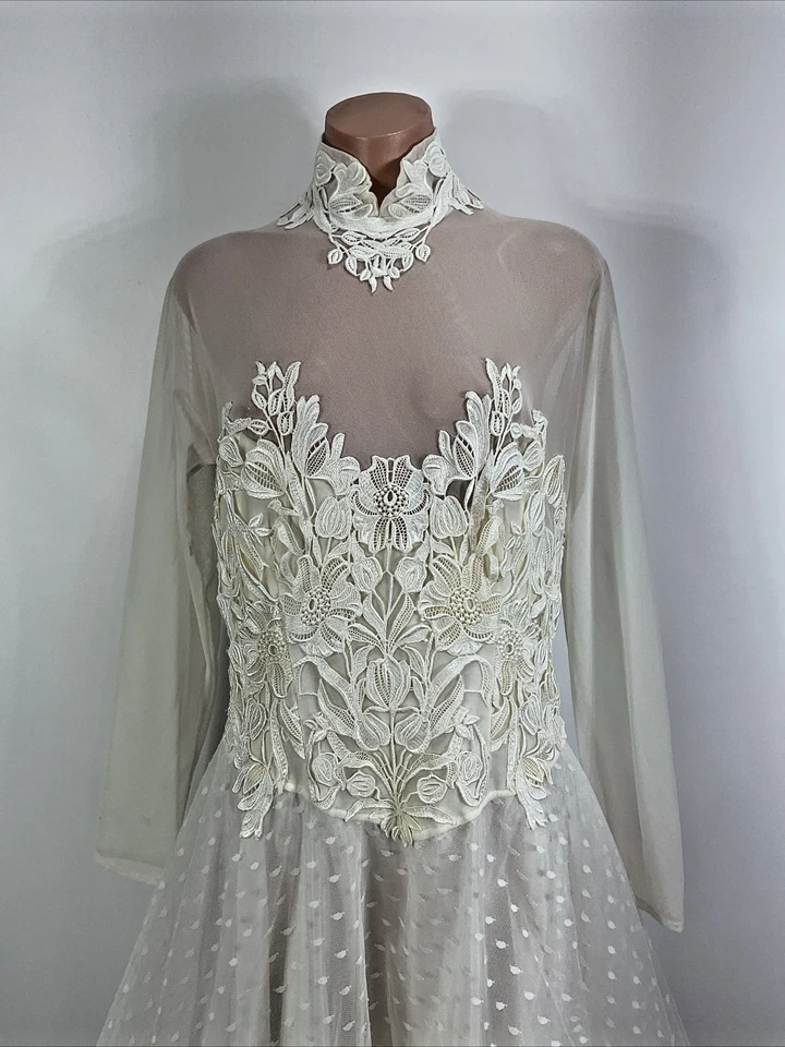 Vintage 80's Tadashi Dress - Size 16 Wedding Formal Illusion Lace Tulle USA MADE - Image 3 of 4