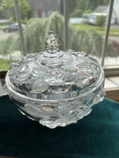 VTG Collectible 3D Rose Clear Glass Lidded Footed Candy Dish 6.25” Round
