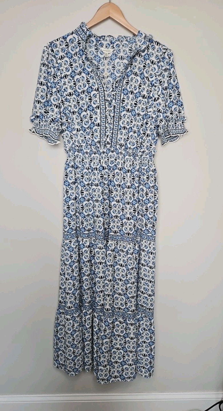 Max Studio Maxi Dress 1X Blue Yellow Floral Tiered Boho Smocked Prairie Peasant