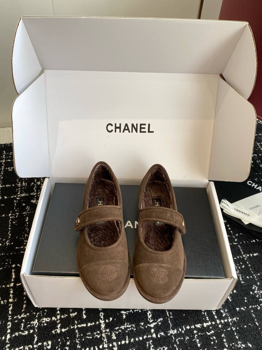 Chanel Mary Jane Flats Brown Suede Shearling Lined Women's Shoes