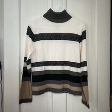 Sag Harbor White Black Gray Beige Striped Knit Pullover Sweater Turtleneck S