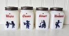Vintage Hazel Atlas DOVE Milk Glass Spice Jars. Frank Tea &Spice Co. Set of 4