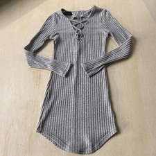 DREAGAL Dress Womens Small Gray Ribbed Knit Long Sleeve Lace Up Bodycon Sweater