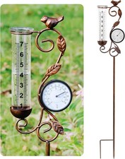 32" Garden Rain Gauge with Thermometer - 7" Glass Tube for Outdoor Indoor Use, P