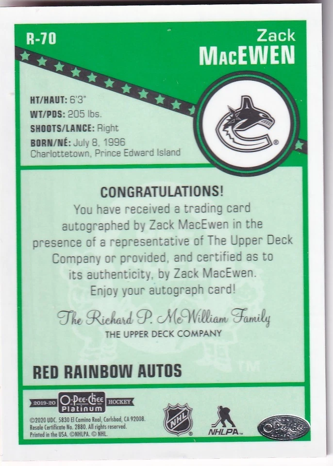 2019-20 O-Pee-Chee Platinum Retro Rainbow Autographs #R70 Zack MacEwen RC - Image 2 of 2