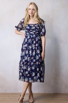 Lauren Conrad Floral Midi Dress Sz 1X Cottage Peasant Boho Fairy AF Emerson Dupe