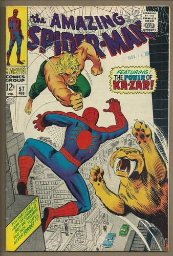 🕸AMAZING SPIDER-MAN #57*(MARVEL COMICS, 1968)*STAN LEE*ROMITA*KA-ZAR/ZABU*VG+*