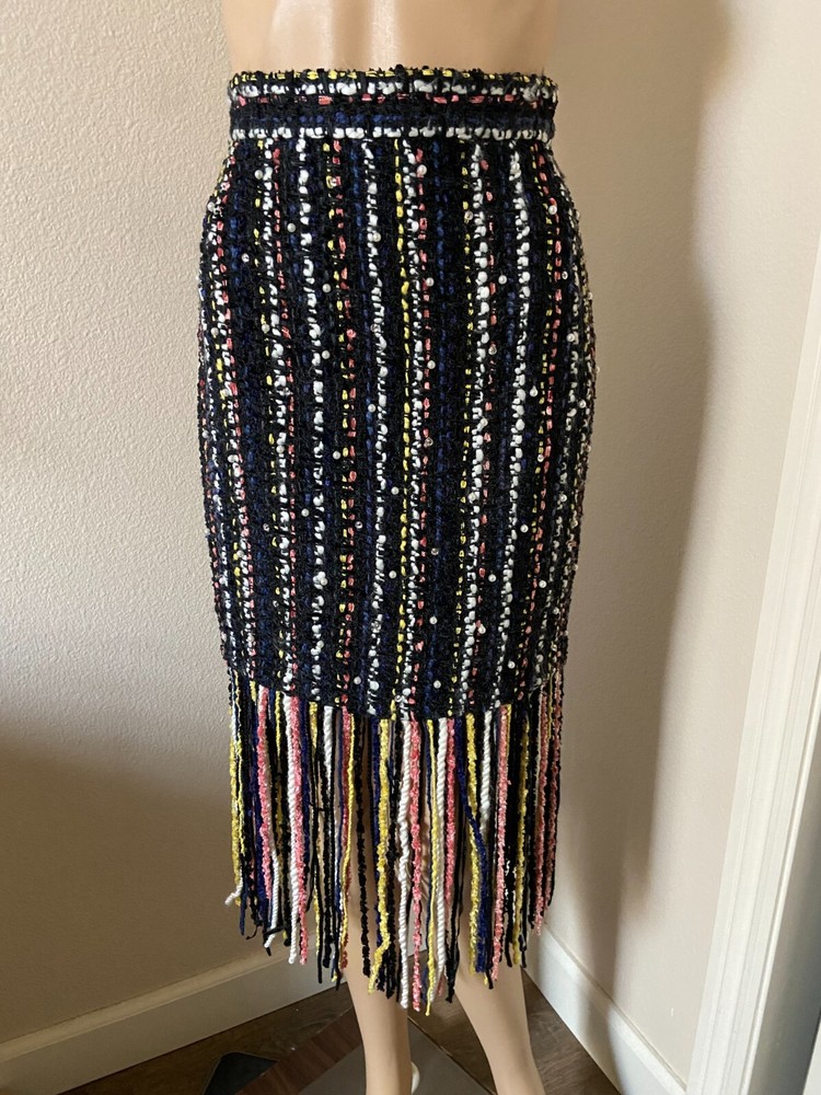 MSGM Black Tweed Pearl Rhinestone Embellished Skirt w/ Fringe S