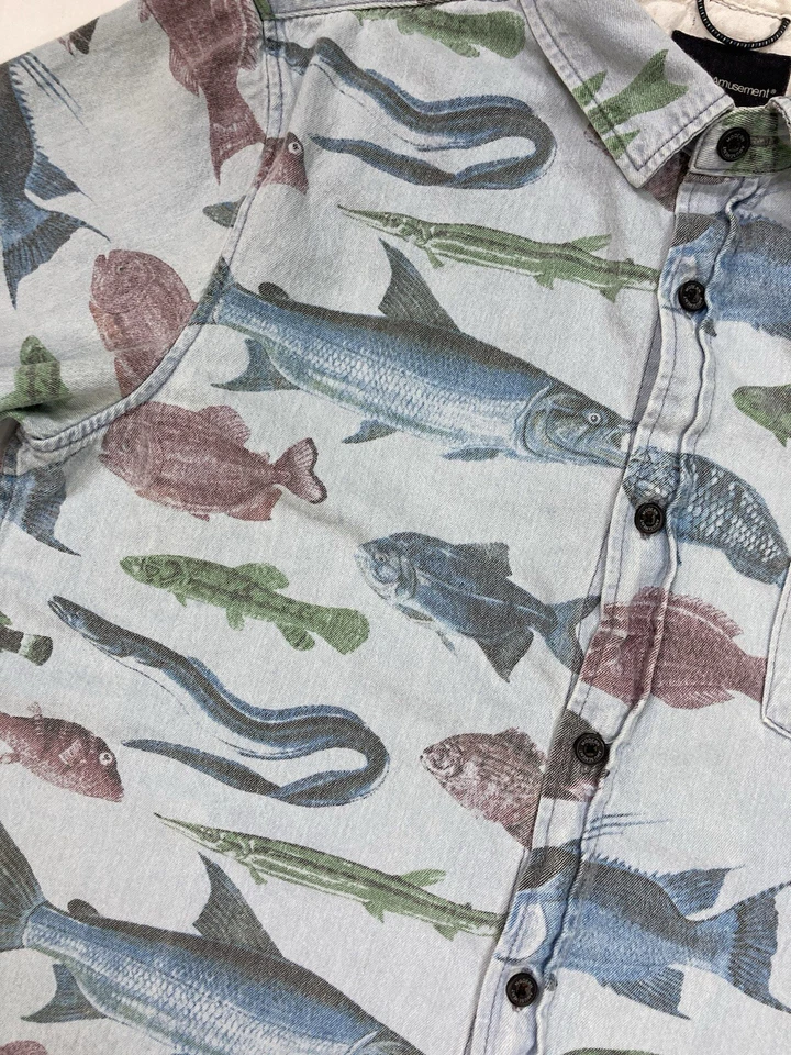 Modern Amusement Fish Print Denim Jean Shirt Men Slim Large Blue Short Sleeve - Image 3 of 4