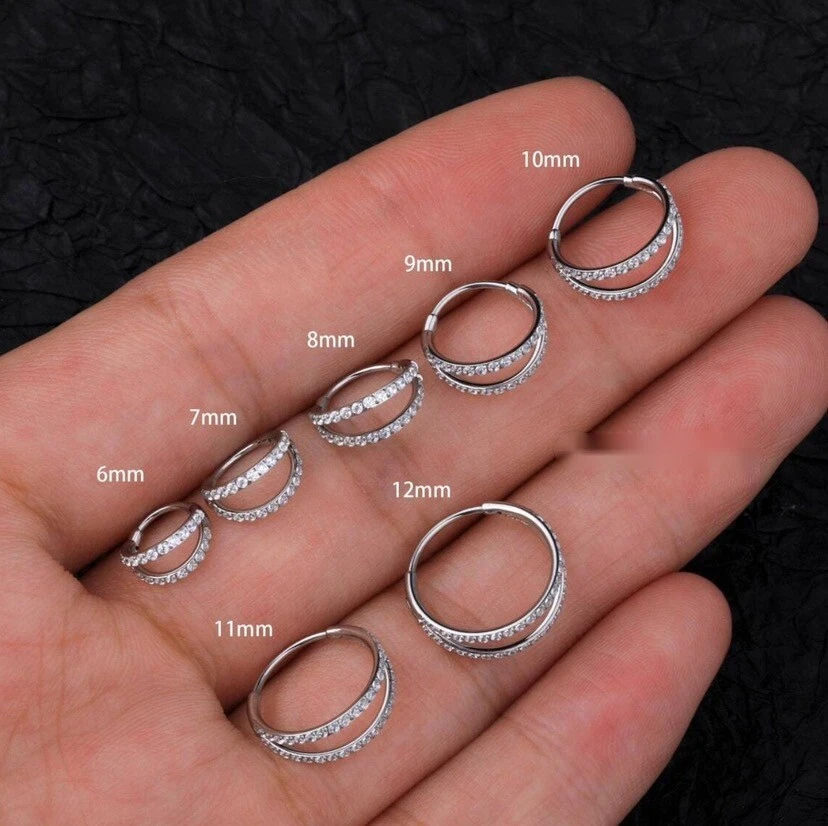 17G Double Line CZ Cartilage Hoop Nose Rings Helix Daith Conch Piercing Earrings - Image 4 of 4
