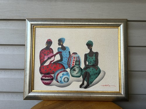 Haitian Women Singing Colorful Folk Framed Canvas Painting 19x16- Signed