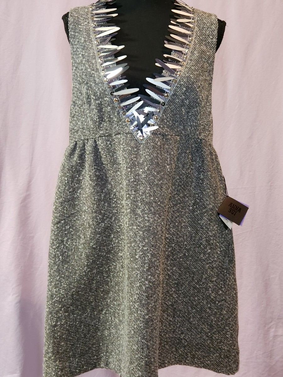 NEW! Anna Sui Grey Tweed Sleeveless V Neck Silver Sequin Fringe - Main Image