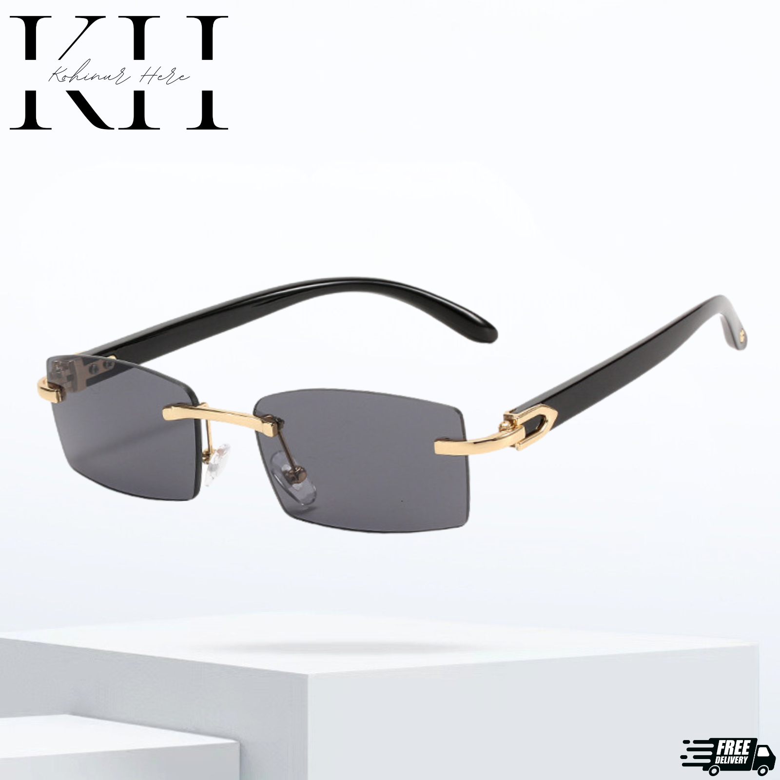 Black Tint Mens Rectangle Luxury Rimless Sunglasses Hip Hop Buffs Gold Frame