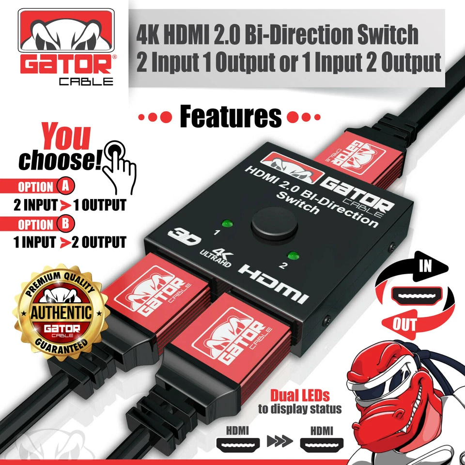 Bi-Direction HDMI Switch Switcher Splitter Cable 4K 2.0 HUB HDCP 2x1 1x2 In Out - Image 2 of 4