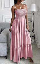 Fashion Women's Square Neck Spaghetti Strap Pink Maxi Sundress Dress Size S New