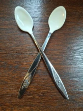 Two Vtg Evenflo Baby Stainless "Lasting Rose" Pattern Rubber Soft Bite Spoon Fed