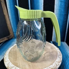 VTG Glass Fruit Juice Pitcher with Bright Green Lid 7in Embossed Berries Bananas