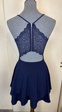 Windsor Womens Small Navy Blue Party Dress Skater Spaghetti Strap Lace Open Back