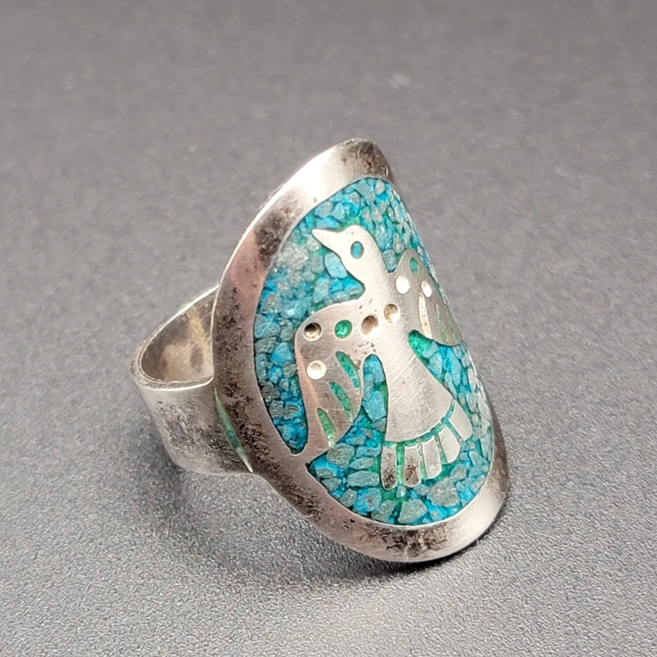 VTG Taxco Mexico 925 Sterling Silver Ring Turquoise Peyote Bird Gemstone Band PB - Image 3 of 4
