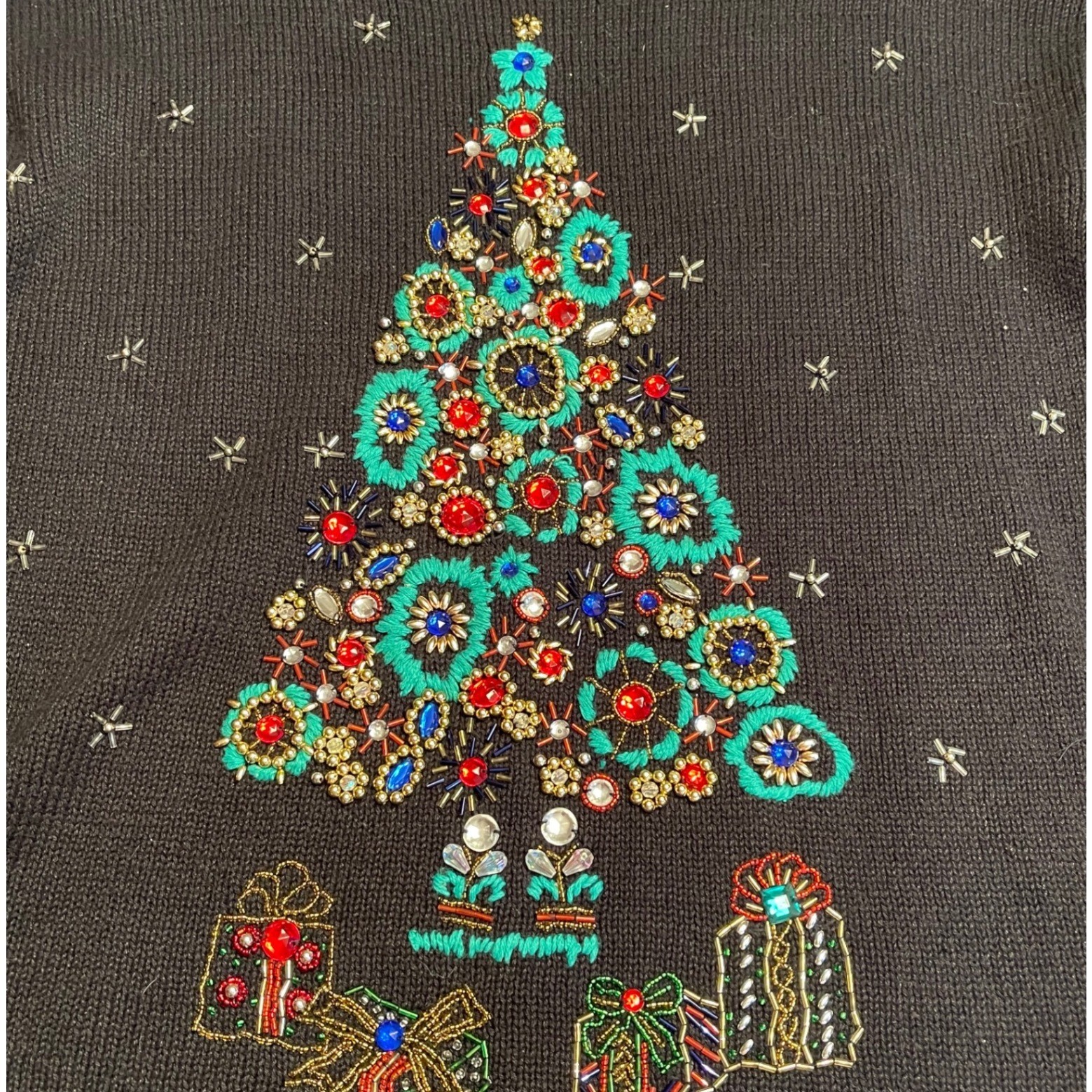 Work in Progress Ugly Christmas Sweater Womens Embellished Tree Beads Medium Vtg