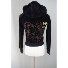 Y2K Juicy Couture Black Velour Zip Up Hoodie Jacket Small Crown Heart Logo