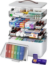 4-Tier XL Medicine Organizer with Leather Handle - Portable Pill Case Empty...