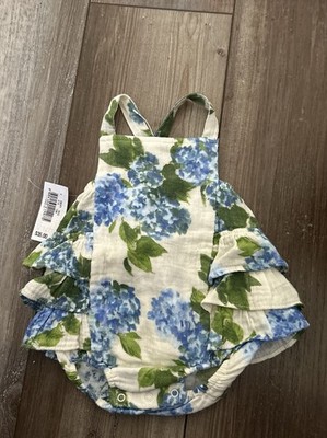 NWT ANGEL DEAR Baby SZ 3/6 Blue Flowers Sunsuit Bubble Organic Cotton Muslin