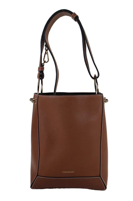 Strathberry Womens Pebbled Leather Gold Tone Shoulder Handbag Walnut Brown