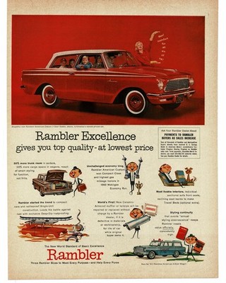 1961 Rambler American Vintage Print Ad Red Sedan Blue Wagon Travel Beds