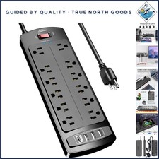 Heavy-Duty 12 Outlet Black Power Strip with 4 Fast Charging USB Ports  6ft Cord